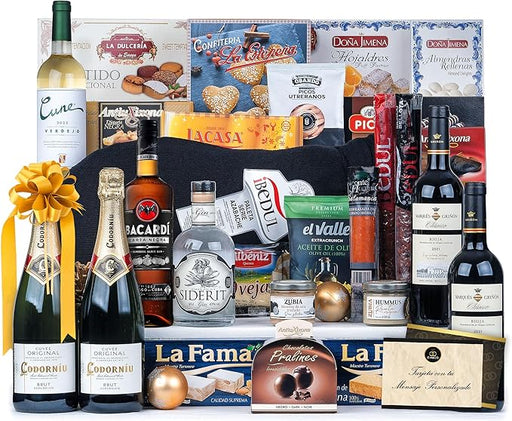 Cesta de Navidad con Jamón Serrano Gran Reserva Cia&Co Lote A303. Un regalo excepcional con Jamón de +7kg, bebidas premium, ibéricos de bellota y un gran surtido de dulces. Cia&Co - frontal