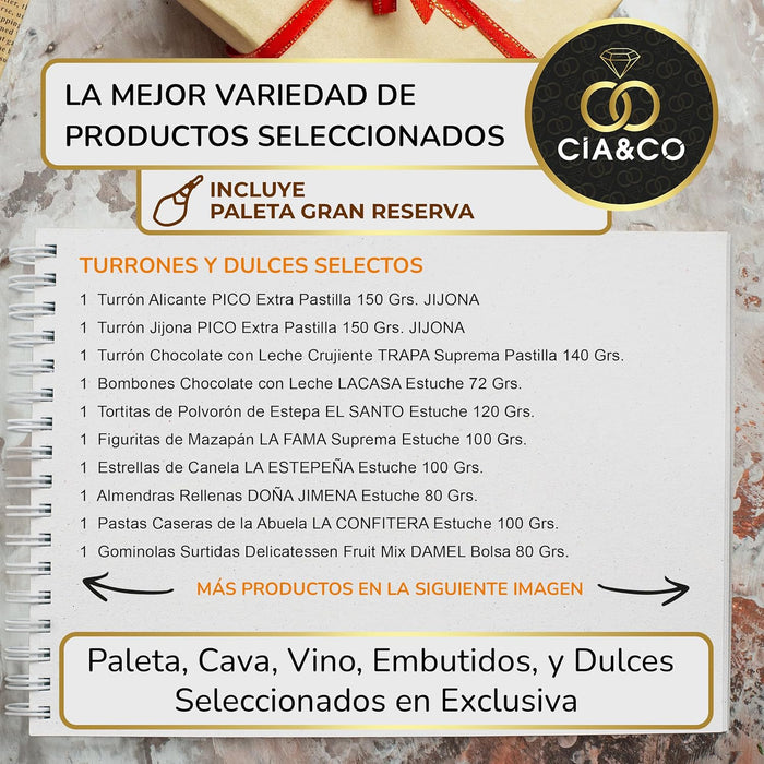 Cesta de Navidad con Paleta Ibérica Cebo Cia&Co Lote A302. Un regalo gourmet de prestigio con una Paleta Ibérica de Cebo, bebidas premium, ibéricos, queso y un gran surtido de dulces. Cia&Co - ingredientes