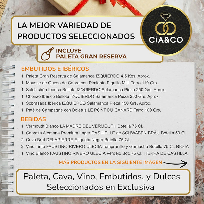 Cesta de Navidad con Paleta Ibérica Cebo Cia&Co Lote A302. Un regalo gourmet de prestigio con una Paleta Ibérica de Cebo, bebidas premium, ibéricos, queso y un gran surtido de dulces. Cia&Co - detalle