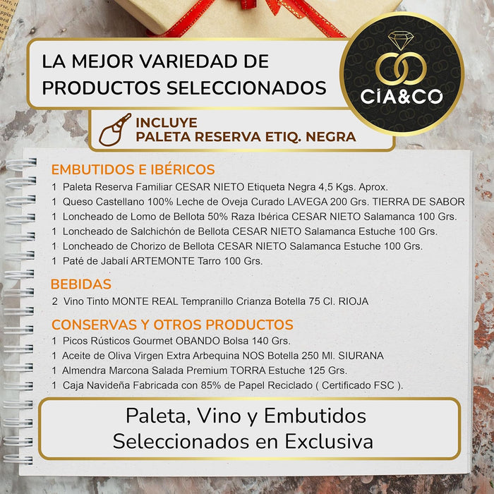 Cesta de Navidad con Paleta Ibérica Cebo Cia&Co Lote A403. Un regalo gourmet con Paleta Ibérica, bebidas premium, ibéricos, queso y un gran surtido de dulces. Cia&Co - detalle