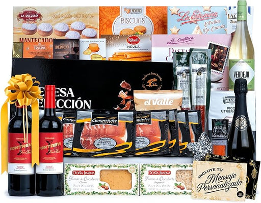 Cesta de Navidad con Paleta Serrana Cia&Co Lote A216. Un regalo gourmet con Paleta Reserva, Cava, vino, ibéricos, queso y dulces. Personaliza tu tarjeta con logo o imagen. Cia&Co - frontal
