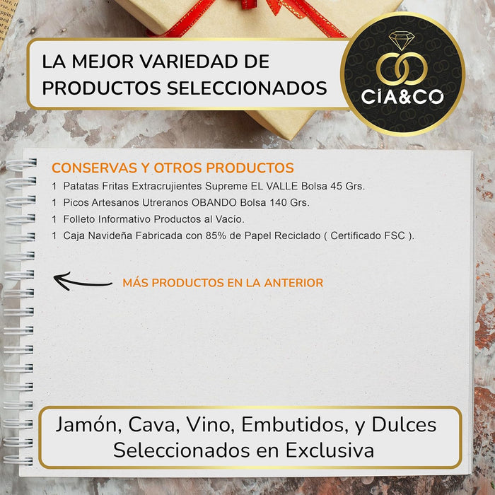 Cesta de Navidad con Paleta Serrana Cia&Co Lote A216. Un regalo gourmet con Paleta Reserva, Cava, vino, ibéricos, queso y dulces. Personaliza tu tarjeta con logo o imagen. Cia&Co - ingredientes