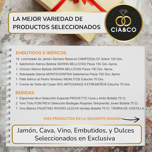 Cesta de Navidad con Paleta Serrana Cia&Co Lote A216. Un regalo gourmet con Paleta Reserva, Cava, vino, ibéricos, queso y dulces. Personaliza tu tarjeta con logo o imagen. Cia&Co - pack
