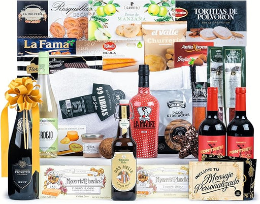 Cesta de Navidad con Paleta Serrana Cia&Co Lote A300. Un magnífico lote de regalo con Paleta Reserva, Cava, vino, ibéricos, queso y dulces. Incluye tarjeta personalizable con logo o imagen. Cia&Co - frontal