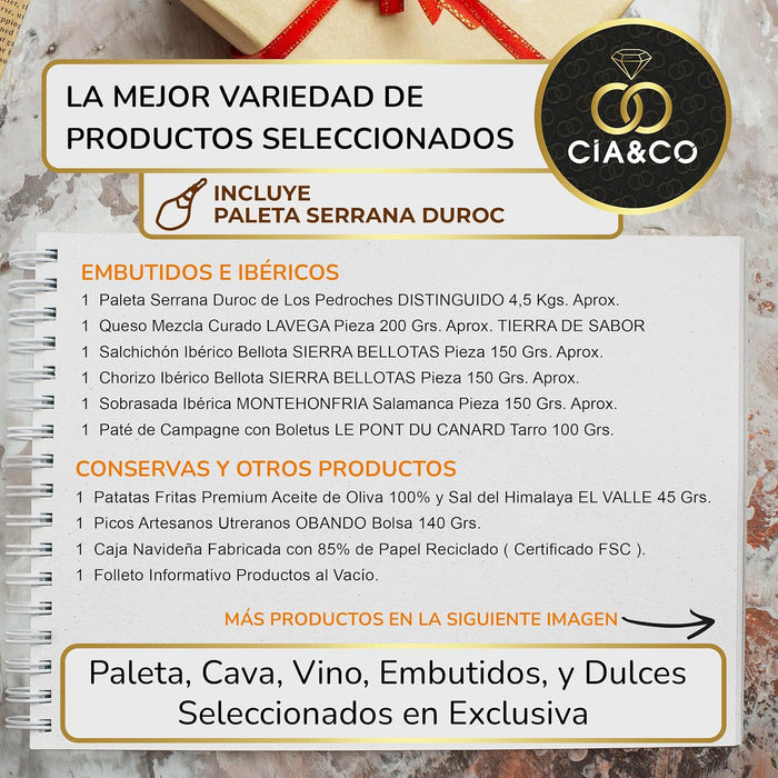 Cesta de Navidad con Paleta Serrana Cia&Co Lote A301. Un regalo gourmet que lo tiene todo: Paleta Reserva, Whisky, Cava, vinos, ibéricos de bellota y un festín de dulces navideños. Cia&Co - detalle
