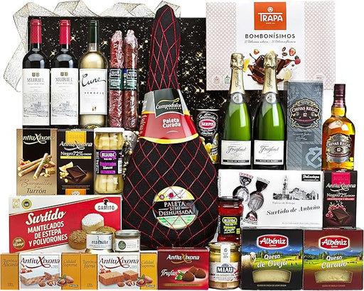 Cesta de Navidad con Paleta Serrana Cia&Co Lote B810. Un regalo gourmet muy completo con Paleta Reserva, Cava, vino, ibéricos y dulces. Ideal para empresas y para compartir en familia. Cia&Co - frontal