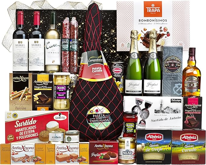 Cesta de Navidad con Paleta Serrana Cia&Co Lote B810. Un regalo gourmet muy completo con Paleta Reserva, Cava, vino, ibéricos y dulces. Ideal para empresas y para compartir en familia. Cia&Co - frontal