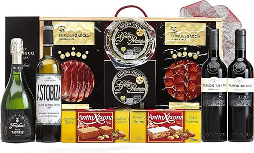 Cesta de Navidad en Caja de Madera Cia&Co Lote 60. Un regalo gourmet con una botella de Sidra El Gaitero, vino, ibéricos, queso y dulces. La selección perfecta para un brindis diferente. Cia&Co - frontal