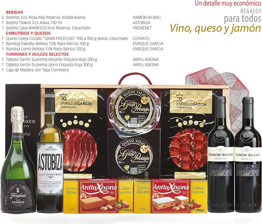 Cesta de Navidad en Caja de Madera Cia&Co Lote 60. Un regalo gourmet con una botella de Sidra El Gaitero, vino, ibéricos, queso y dulces. La selección perfecta para un brindis diferente. Cia&Co - pack