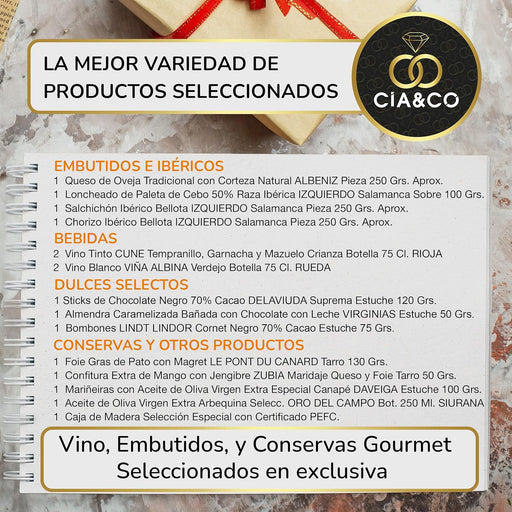 Cesta de Navidad en Caja de Madera Cia&Co Lote A723. Un regalo gourmet con Paleta Serrana, Cava, vino, ibéricos, queso y dulces. Presentado en una elegante caja de madera reutilizable. Cia&Co - pack