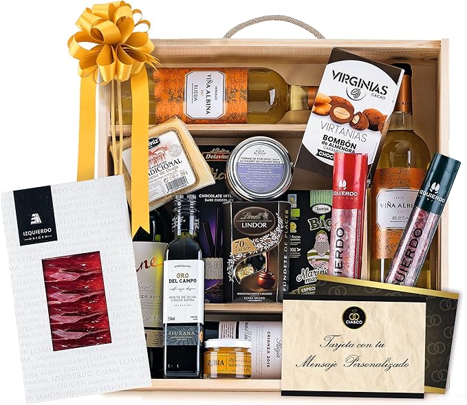 Cesta de Navidad en Caja de Madera Cia&Co Lote A723. Un regalo gourmet con Paleta Serrana, Cava, vino, ibéricos, queso y dulces. Presentado en una elegante caja de madera reutilizable. Cia&Co - frontal