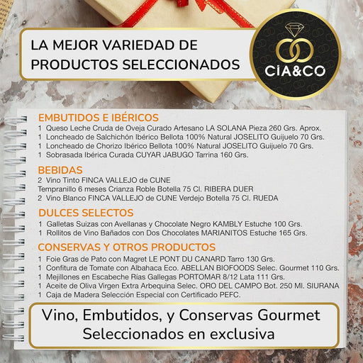 Cesta de Navidad en Caja de Madera Cia&Co Lote A724. Un lote gourmet de lujo con Paleta Ibérica, Whisky, Cava, vinos y una gran selección de dulces, presentado en una caja de madera premium. Cia&Co - pack