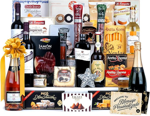 Cesta de Navidad Gourmet Cia&Co Lote A218. Una completa selección navideña con Cava, vinos, ibéricos de bellota, queso y un gran surtido de dulces para regalar y compartir. Cia&Co - frontal