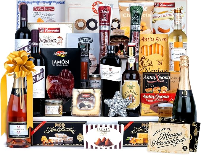 Cesta de Navidad Gourmet Cia&Co Lote A218. Una completa selección navideña con Cava, vinos, ibéricos de bellota, queso y un gran surtido de dulces para regalar y compartir. Cia&Co - frontal