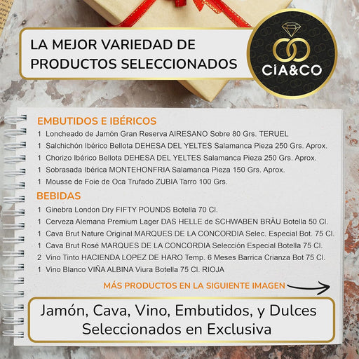 Cesta de Navidad Gourmet Cia&Co Lote A218. Una completa selección navideña con Cava, vinos, ibéricos de bellota, queso y un gran surtido de dulces para regalar y compartir. Cia&Co - pack