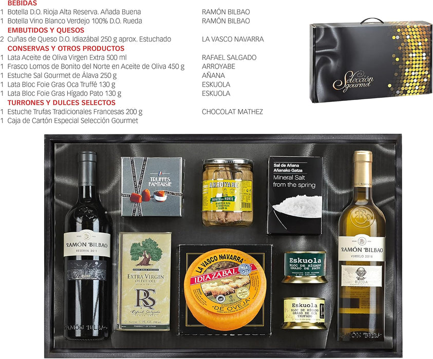 Cesta de Navidad Gourmet Cia&Co Lote B108 en Caja de Madera. Un regalo premium con Paleta Ibérica de Bellota, bebidas de primeras marcas y un surtido de dulces, todo en una caja de madera. Cia&Co - pack