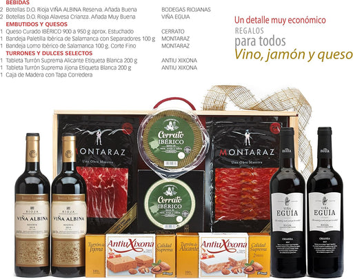 Cesta de Navidad Gourmet en Caja de Madera Cia&Co Lote 58. Un regalo exclusivo con Vino Protos Roble, ibéricos, queso y dulces selectos, presentado en una elegante caja de madera reutilizable. Cia&Co - pack