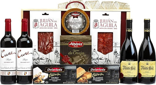 Cesta de Navidad Gourmet en Caja de Madera Cia&Co Lote 59. Un regalo de prestigio con Cava, Vino, ibéricos, queso y dulces, presentado en una bonita caja de madera reutilizable. Cia&Co - frontal