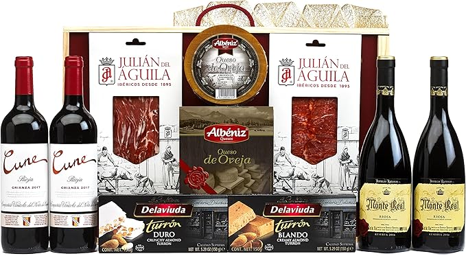 Cesta de Navidad Gourmet en Caja de Madera Cia&Co Lote 59. Un regalo de prestigio con Cava, Vino, ibéricos, queso y dulces, presentado en una bonita caja de madera reutilizable. Cia&Co - frontal