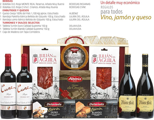 Cesta de Navidad Gourmet en Caja de Madera Cia&Co Lote 59. Un regalo de prestigio con Cava, Vino, ibéricos, queso y dulces, presentado en una bonita caja de madera reutilizable. Cia&Co - pack