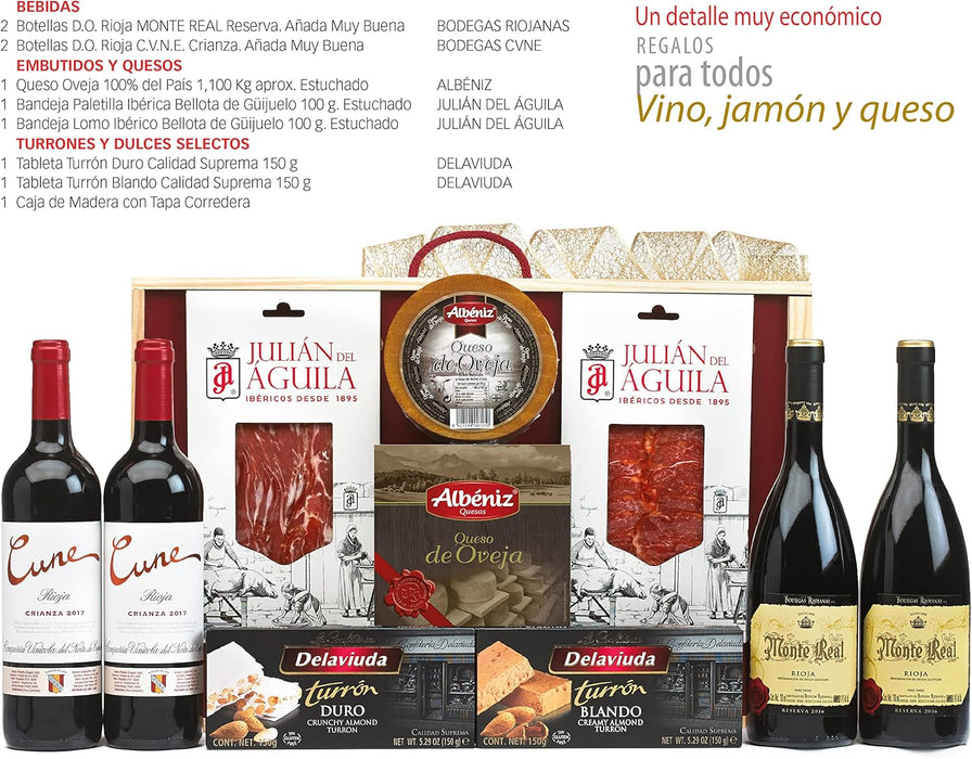 Cesta de Navidad Gourmet en Caja de Madera Cia&Co Lote 59. Un regalo de prestigio con Cava, Vino, ibéricos, queso y dulces, presentado en una bonita caja de madera reutilizable. Cia&Co - pack