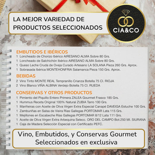 Cesta de Navidad Gourmet en Caja de Madera Cia&Co Lote A722. Un regalo premium con Paleta Ibérica, Cava, vinos, ibéricos, queso y un gran surtido de dulces en una caja de madera de lujo. Cia&Co - pack