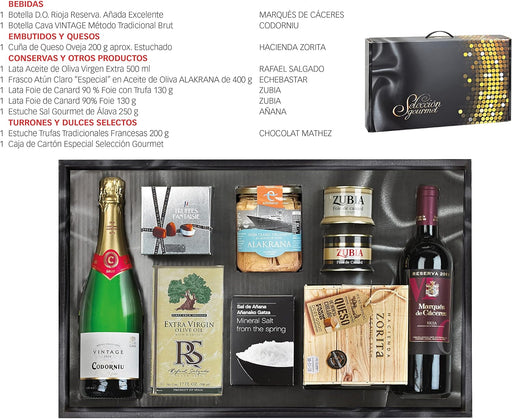 Cesta de Navidad Gourmet en Caja de Madera Cia&Co Lote B107. Un regalo de lujo con Whisky, Cava, vinos, ibéricos de bellota y dulces premium, presentado en una elegante caja de madera reutilizable. Cia&Co - pack