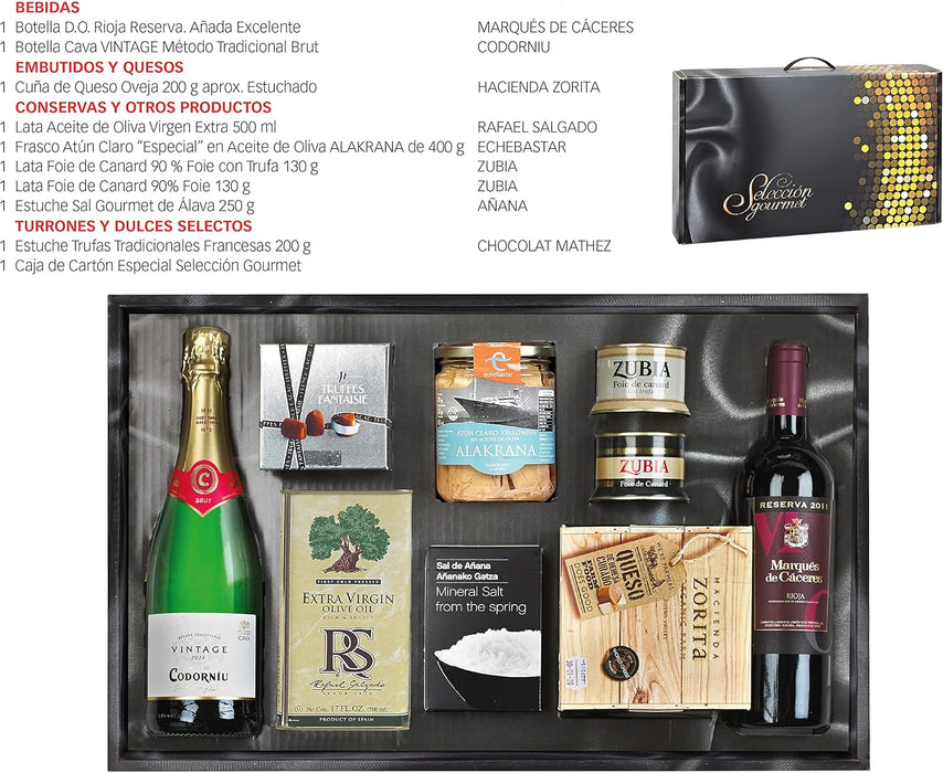 Cesta de Navidad Gourmet en Caja de Madera Cia&Co Lote B107. Un regalo de lujo con Whisky, Cava, vinos, ibéricos de bellota y dulces premium, presentado en una elegante caja de madera reutilizable. Cia&Co - pack