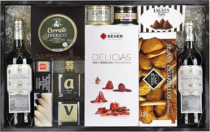 Cesta de Navidad Gourmet en Caja de Madera Cia&Co Lote B110. Un regalo de alta gama con Paleta Ibérica de Bellota, Whisky, Gin, vinos y una selección gourmet, en una caja de madera de lujo. Cia&Co - frontal