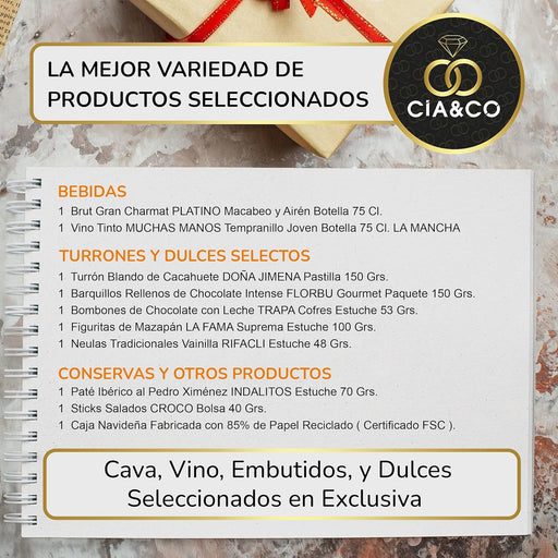 Cesta de Navidad Gourmet Lote A201 de Cia&Co. Un regalo corporativo o familiar con una selección de productos de primeras marcas y tarjeta personalizable con tu logotipo o imagen. Cia&Co - pack