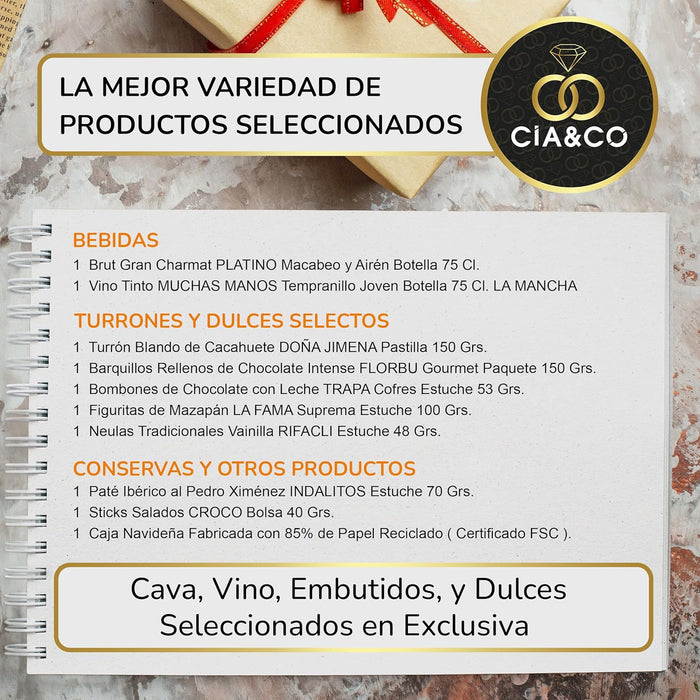Cesta de Navidad Gourmet Lote A201 de Cia&Co. Un regalo corporativo o familiar con una selección de productos de primeras marcas y tarjeta personalizable con tu logotipo o imagen. Cia&Co - pack