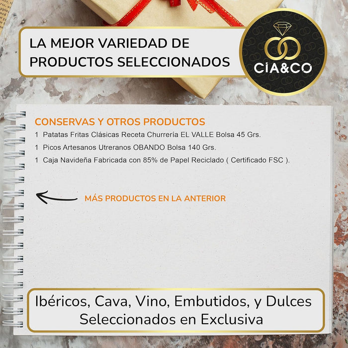 Cesta de Navidad Gourmet Lote A210 de Cia&Co. Un regalo equilibrado y delicioso con productos de primeras marcas, ideal para familias y empresas. Incluye tarjeta personalizable. Cia&Co - ingredientes