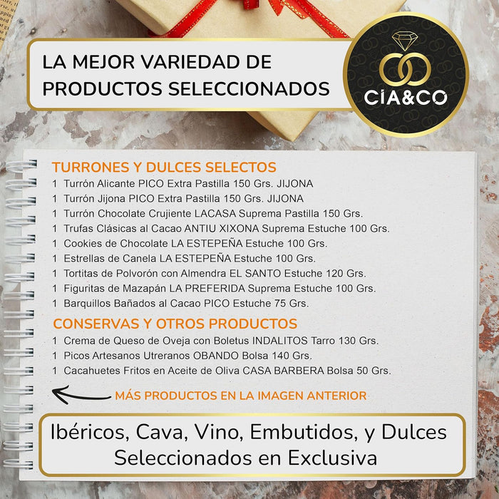Cesta de Navidad Gourmet Lote A213 de Cia&Co. Un regalo de lujo con una selección deluxe de productos, jamón ibérico, vinos y dulces. Incluye tarjeta personalizada. Cia&Co - detalle