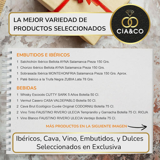 Cesta de Navidad Gourmet Lote A213 de Cia&Co. Un regalo de lujo con una selección deluxe de productos, jamón ibérico, vinos y dulces. Incluye tarjeta personalizada. Cia&Co - pack