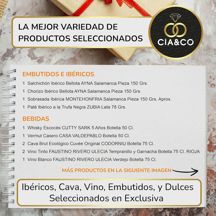 Cesta de Navidad Gourmet Lote A213 de Cia&Co. Un regalo de lujo con una selección deluxe de productos, jamón ibérico, vinos y dulces. Incluye tarjeta personalizada. Cia&Co - pack
