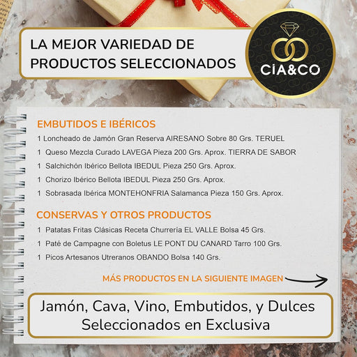 Cesta de Navidad Gourmet Lote A217 de Cia&Co. Un regalo para foodies con una selección de productos gourmet y tarjeta personalizable con tu imagen o logo. Cia&Co - pack