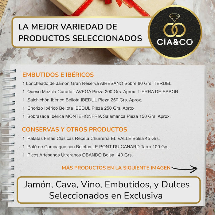 Cesta de Navidad Gourmet Lote A217 de Cia&Co. Un regalo para foodies con una selección de productos gourmet y tarjeta personalizable con tu imagen o logo. Cia&Co - pack