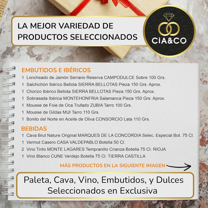 Cesta de Navidad Sin Gluten Cia&Co Lote A224. Un regalo gourmet con bebidas ecológicas, embutidos y dulces sin gluten. La opción perfecta para disfrutar de las fiestas sin preocupaciones. Cia&Co - pack