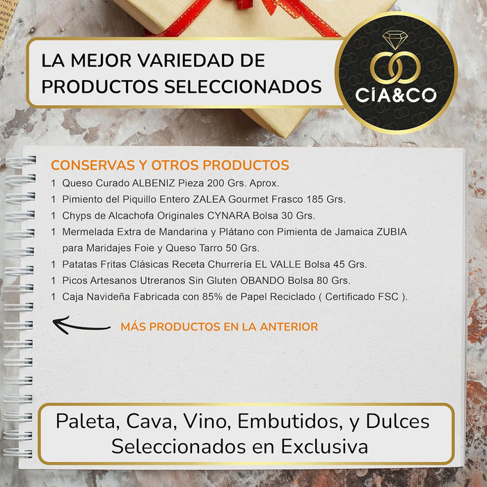 Cesta de Navidad Sin Gluten Cia&Co Lote A224. Un regalo gourmet con bebidas ecológicas, embutidos y dulces sin gluten. La opción perfecta para disfrutar de las fiestas sin preocupaciones. Cia&Co - ingredientes