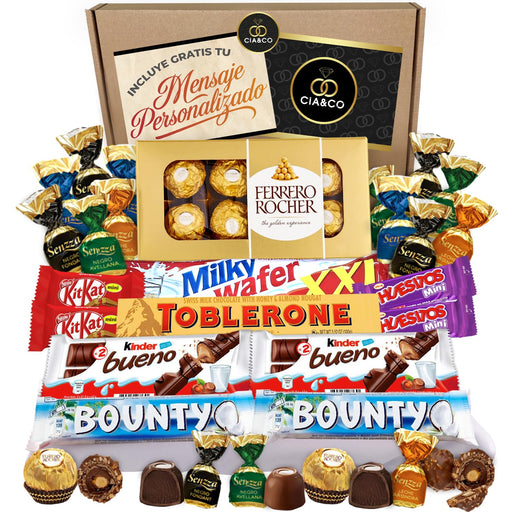 Cesta de Regalo con +30 Bombones y Chocolates Premium Cia&Co. Un surtido de lujo con Ferrero Rocher, Toblerone y Kinder Bueno, ideal para regalar en el Día de la Madre con tarjeta personalizada. Cia&Co - frontal