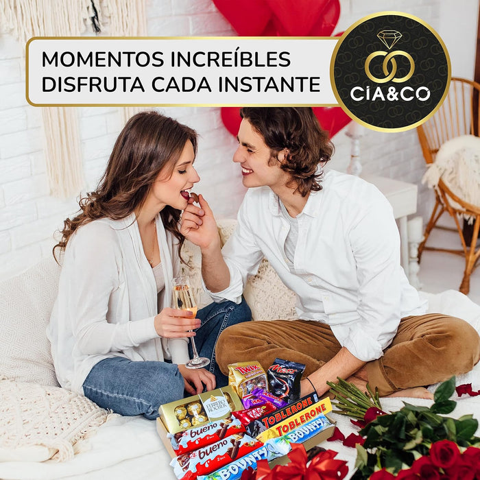 Cesta de Regalo con +30 Bombones y Chocolates Premium Cia&Co. Un surtido de lujo con Ferrero Rocher, Toblerone y Kinder Bueno, ideal para regalar en el Día de la Madre con tarjeta personalizada. Cia&Co - uso