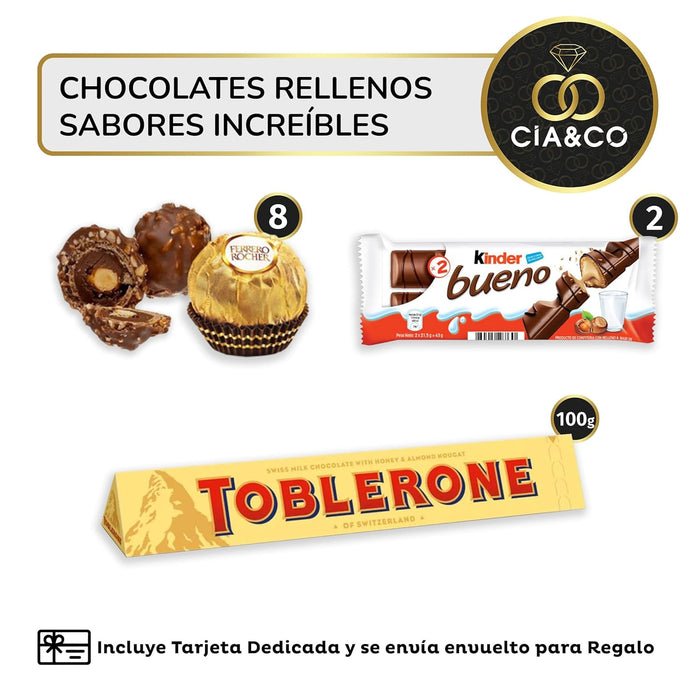 Cesta de Regalo con +30 Bombones y Chocolates Premium Cia&Co. Un surtido de lujo con Ferrero Rocher, Toblerone y Kinder Bueno, ideal para regalar en el Día de la Madre con tarjeta personalizada. Cia&Co - ingredientes