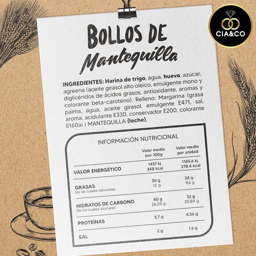 Cia&Co Bollos de Mantequilla Artesanos, Pack de 5. Receta tradicional de Bilbao con interior cremoso. Bollos tiernos y frescos envasados individualmente para máxima duración y sabor. Cia&Co - pack