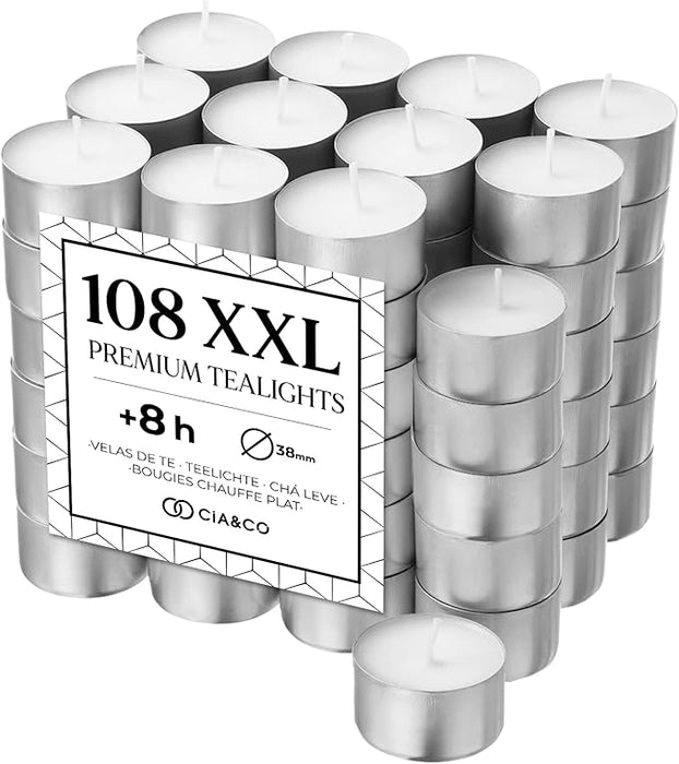 Cia&Co MegaPack de 108 Velas de Té XXL de 8 Horas: Velas de larga duración, sin olor y con mecha de autoapagado seguro, ideal para hostelería, eventos y hogar. Cia&Co - frontal