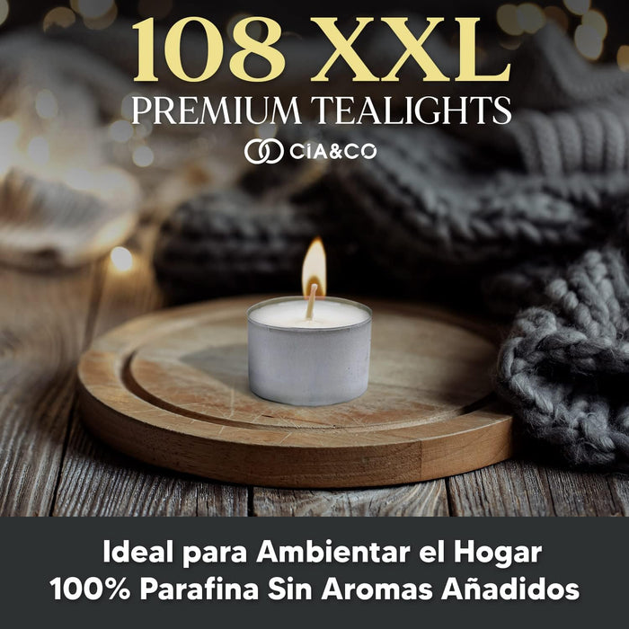 Cia&Co MegaPack de 108 Velas de Té XXL de 8 Horas: Velas de larga duración, sin olor y con mecha de autoapagado seguro, ideal para hostelería, eventos y hogar. Cia&Co - ingredientes