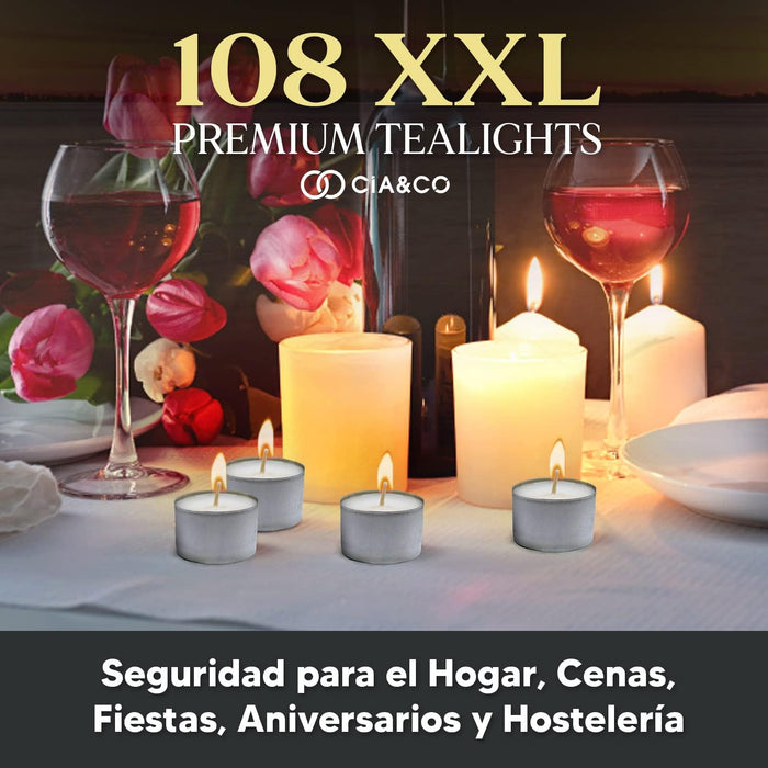 Cia&Co MegaPack de 108 Velas de Té XXL de 8 Horas: Velas de larga duración, sin olor y con mecha de autoapagado seguro, ideal para hostelería, eventos y hogar. Cia&Co - lateral