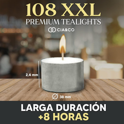 Cia&Co MegaPack de 108 Velas de Té XXL de 8 Horas: Velas de larga duración, sin olor y con mecha de autoapagado seguro, ideal para hostelería, eventos y hogar. Cia&Co - pack