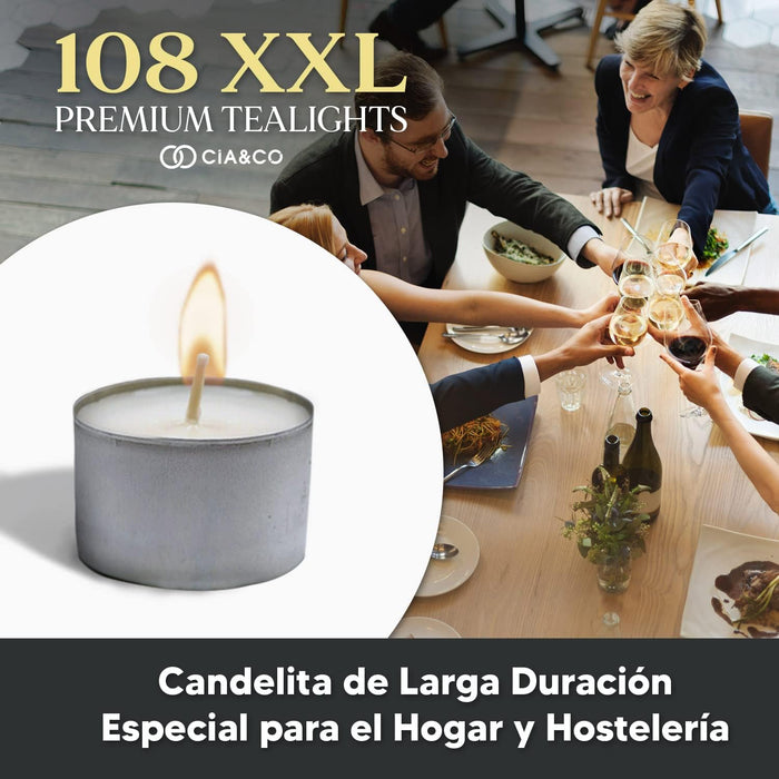 Cia&Co MegaPack de 108 Velas de Té XXL de 8 Horas: Velas de larga duración, sin olor y con mecha de autoapagado seguro, ideal para hostelería, eventos y hogar. Cia&Co - presentacion
