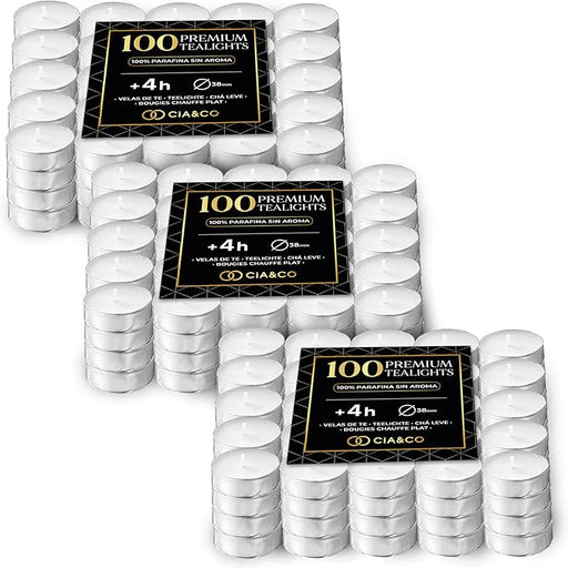 Cia&Co Pack 300 Velas de Té de Larga Duración 4 Horas. Velas Blancas Redondas sin Aroma, 100% Parafina y 38mm de Diámetro, Ideales para Hostelería, Eventos y Decoración. Cia&Co - frontal