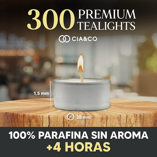 Cia&Co Pack 300 Velas de Té de Larga Duración 4 Horas. Velas Blancas Redondas sin Aroma, 100% Parafina y 38mm de Diámetro, Ideales para Hostelería, Eventos y Decoración. Cia&Co - pack